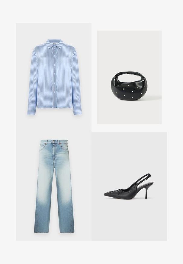 Hemd in Hellblau mit weißen vertikalen Streifen. Verfügt über einen Kragen und lange Ärmel mit Knopfmanschetten. Glatte Textur.; Hellblaue Jeans aus Denim mit lockerem Schnitt, hohem Bund, fünf Taschen und dezentem Ausbleichen am unteren Teil der Beine.; Schwarzer Leder-Slingback-Stiletto mit spitzem Zehenaufsatz, seitlichem Schnallenriemen, Nieten entlang der Kante und dekorativer Schnürung vorne.; Schwarze Lederhandtasche mit abgerundeter Form, verziert mit silbernen Nietenakzenten und kurzem Griff. Glatte Struktur und Reißverschlussverschluss.