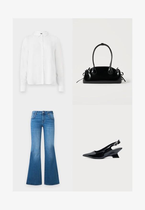 Chemise blanche à manches longues avec un front boutonné, un col classique et un tissu lisse avec une coupe légèrement ample.; Jean en denim bleu évasé avec une taille mi-haute, cinq poches et des détails décolorés sur les cuisses. Accents en métal argenté sur les boutons.; Chaussure slingback en cuir verni noir avec bout pointu et petit talon bloc incliné sur fond clair uni.; Petit sac à main noir brillant avec deux longues anses et des détails à cordon sur les côtés sur un fond clair uni.
