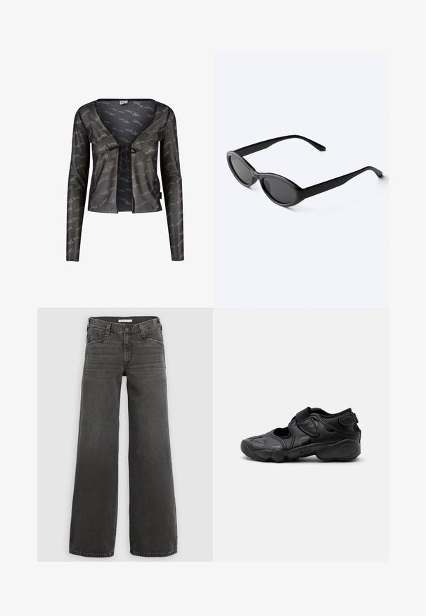 Sort transparent cardigan med lange ærmer, dyb V-hals, bindebåndslukning og et gennemgående "Karl Kani" logo mønster.; Vidbenede denimjeans i mørkegrå, med struktureret talje med bæltestropper, fem-lomme design og subtil falming på stoffet.; Sort atletisk sandal med lukket tå, velcro stropper ved mellemfoden og hælen samt tyk polstret sål markeret med "AIR" på siden.; Slanke sorte ovale solbriller med mørke linser og lige arme, hvilende på en hvid overflade.