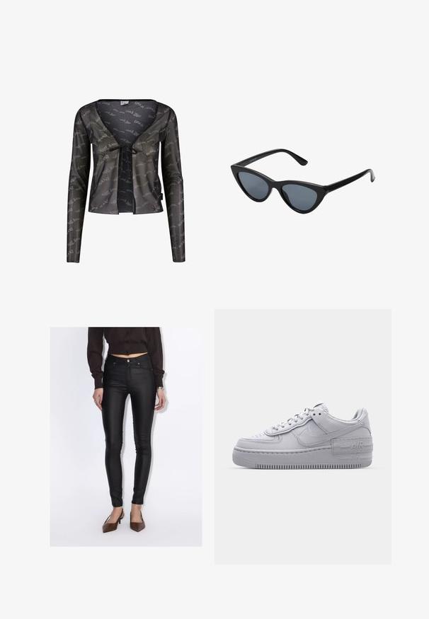 Sort transparent cardigan med lange ærmer, dyb V-hals, bindebåndslukning og et gennemgående "Karl Kani" logo mønster.; Kvinde iført sorte høj-taljede skinny bukser, en kropsnær mørkebrun knapbluse og brune spidse hæle.; Grå Nike Air Force 1 sneakers med perforeret tå, glat læderoverdel, tyk sål og præget 'AIR' detalje på hælen.; Sorte katteøje solbriller med mørkegrå linser, slankt plastisk stel, spidse hjørner og lige stænger. Ingen synlig hardware eller dekorationer.