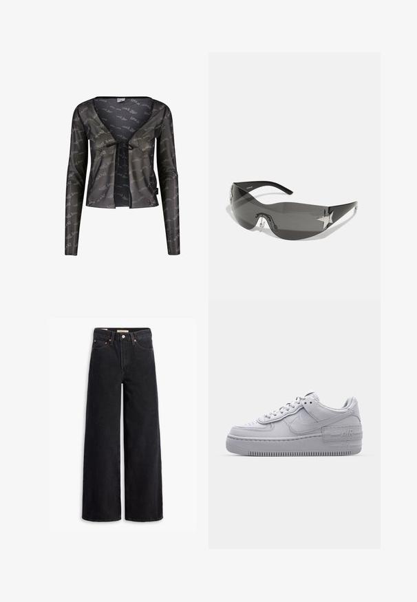Cárdigan negro semitransparente con mangas largas, escote en V profundo, cierre atado y un patrón de logotipo "Karl Kani" en toda la prenda.; Jeans de pierna ancha negros hechos de denim, con cinco bolsillos, remaches de cobre y un cierre clásico de botón. Textura suave con un diseño limpio.; Zapatilla Nike Air Force 1 gris con puntera perforada, parte superior de cuero suave, suela gruesa y detalle en relieve 'AIR' en el talón.; Gafas de sol negras con diseño envolvente, lentes oscuros, acentos brillantes en forma de estrella y almohadillas nasales ajustables.