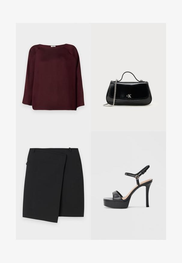 Blouse bordeaux à manches longues avec un décolleté large, tissu doux, design à épaules tombantes et finition droite. Texture lisse, sans motifs visibles.; Jupe portefeuille noire avec une texture lisse, dotée d'une fermeture éclair sur le côté et de deux passants de ceinture. Design simple sans motifs ni accents visibles.; Sandales à plateforme noires avec un talon haut stilettos, dotées d'une tige en cuir lisse, d'un bout ouvert et d'une bride de cheville ajustable avec ferrures.; Sac à main en cuir noir avec une chaîne en bandoulière, forme structurée et accent logo argenté. Texture lisse avec un rabat.