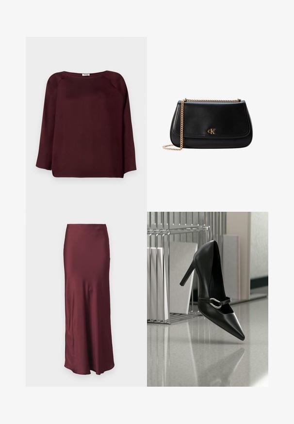 Blouse bordeaux à manches longues avec un décolleté large, tissu doux, design à épaules tombantes et finition droite. Texture lisse, sans motifs visibles.; Jupe maxi en satin bordeaux avec une taille ajustée et un ourlet évasé, présentant une texture lisse et sans motifs ni ornements visibles.; Chaussure à talon haut noire pointue avec une bride à boucle argentée, placée sur une surface réfléchissante près d’un organiseur métallique contenant des papiers.; Sac à épaule en cuir noir avec bandoulière chaîne dorée et petit logo CK doré sur le rabat avant.