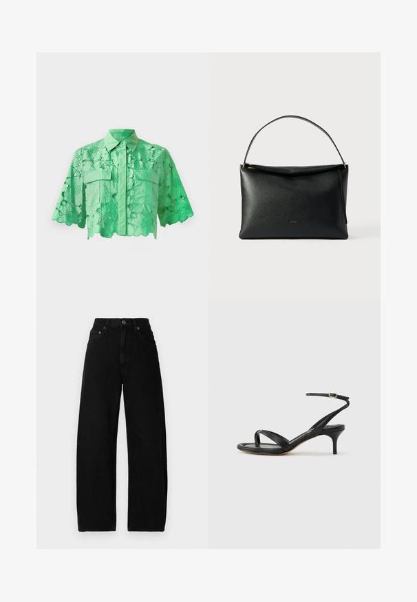 Chemise verte à manches courtes avec un design découpé floral, boutonnée à l'avant, deux poches poitrine et un col soigné. Texture lisse.; Jean large en denim noir avec une taille haute, dotée d'une fermeture à bouton à l'avant, de poches et d'une texture lisse et mate.; Sandale pour femme en cuir noir avec fines lanières, une boucle d'orteil, une boucle à la cheville et un talon aiguille de hauteur moyenne sur un fond neutre.; Sac à main en cuir noir à texture lisse, avec une poignée courbée et un détail de fermeture éclair doré. Design minimaliste avec un logo discret.