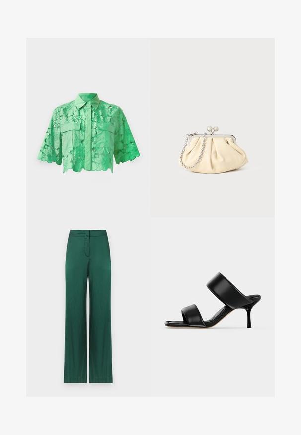 Chemise verte à manches courtes avec un design découpé floral, boutonnée à l'avant, deux poches poitrine et un col soigné. Texture lisse.; Pantalon à jambes larges de couleur vert profond, en tissu lisse. Il dispose d'une ceinture plate et d'une fermeture zip à l'avant. Aucun motif ni accent visible.; Sandale mule en cuir noir avec deux larges brides et un talon stiletto fin de hauteur moyenne sur un fond clair uni.; Pochette en cuir beige plissé avec un cadre en métal argenté, dotée de deux fermoirs ronds décoratifs et d'une chaîne en argent.