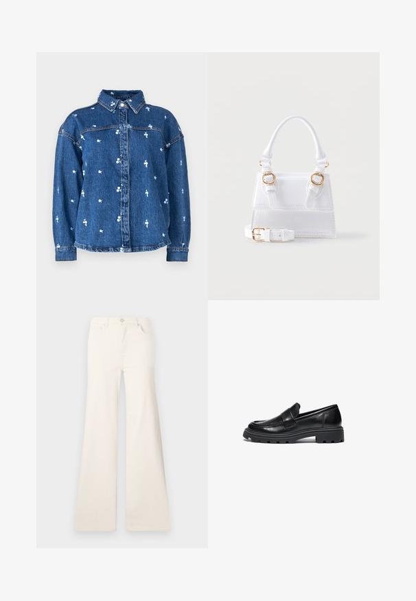 Farkkutakki, jossa on kauluksellinen kaula, vaalean sinisiä kukkakuosia, edessä napit ja pitkät hihat. Kankaan pinta on klassinen sininen pesu.; ONLY Wide-fit ONLMADISON High waist Wide Leg Fit - Leveälahkeiset - ecru; Musta nahkakengät, joissa on pyöreä kärki, tikattu yksityiskohta ja paksu kumipohja, jossa on teksturoitu pito-kuvio.; Valkoinen jäsennelty käsilaukku, jossa yläkahva, kaksi kullanväristä solkea edessä ja irrotettava säädettävä olkahihna.