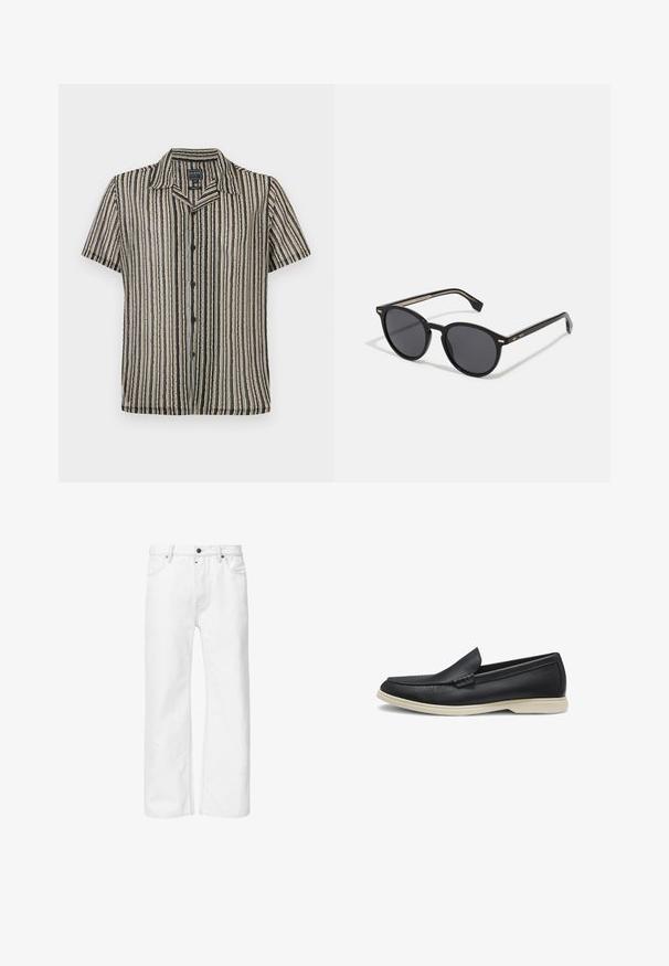 Korte mouwen button-up shirt met een gestreept patroon in zachte tonen van beige, zwart en grijs. Heeft een kampkraag en een relaxte pasvorm.; Witte denim jeans met een rechte pasvorm, standaard vijf-pocket ontwerp en metalen knoopsluiting in de taille, met ton-sur-ton stiksel.; Zwarte leren instap loafer met een ronde neus en een lichtbeige rubberen zool, zijaanzicht op een witte achtergrond.; BOSS Zonnebril - black