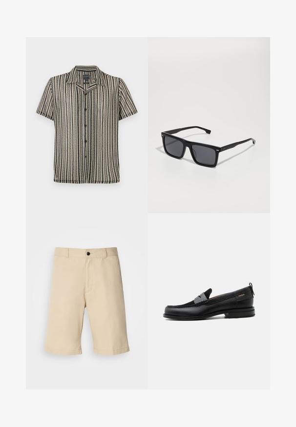 Korte mouwen button-up shirt met een gestreept patroon in zachte tonen van beige, zwart en grijs. Heeft een kampkraag en een relaxte pasvorm.; Beige shorts gemaakt van lichte stof, met een platte voorkant, een standaard tailleband met knoopsluiting en een rechte zoom.; Zwarte leren loafer met grijs riemdetailelement, lage hak en gestructureerde zool, aan de zijkant gebrandmerkt met "HUGO" in goud.; Zwarte vierkante zonnebril met donkere lenzen. Gemaakt van plastic, met een textuur aan de zijkanten en een minimalistisch ontwerp. Accenten nabij de scharnieren.