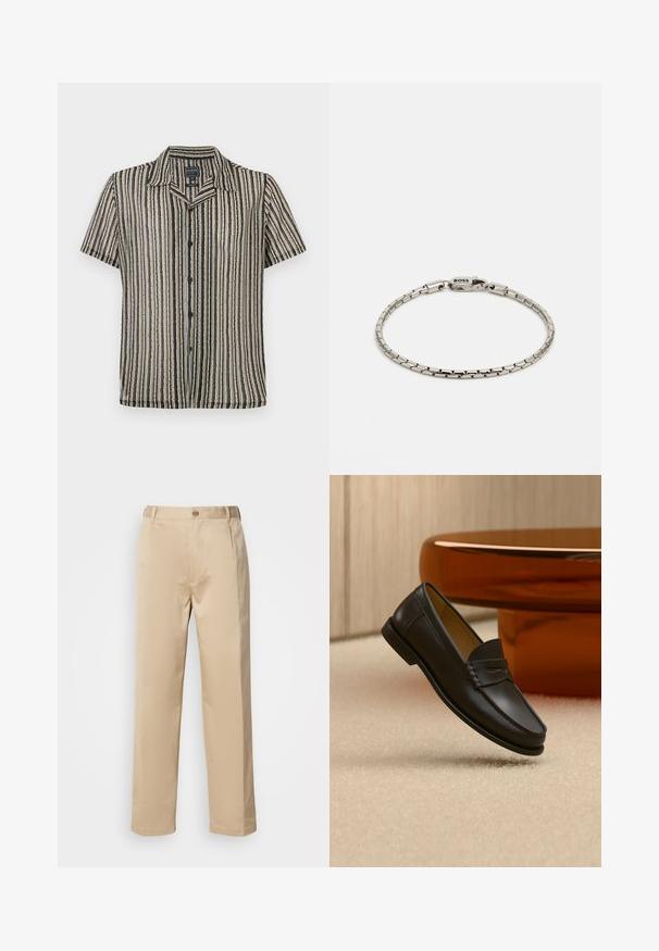 Korte mouwen button-up shirt met een gestreept patroon in zachte tonen van beige, zwart en grijs. Heeft een kampkraag en een relaxte pasvorm.; Beige broek van lichtgewicht stof, met een rechte pasvorm, tailleband met riemlussen en een enkele knoopsluiting aan de voorkant.; Zwarte leren loaferschoen zwevend boven een beige tapijt met amberkleurige moderne meubels op de achtergrond.; Zilveren metalen armband met een schakeldesign, voorzien van een sluiting met het 'BOSS' logo. Glad oppervlak en minimalistische stijl.