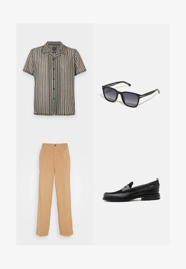 Korte mouwen button-up shirt met een gestreept patroon in zachte tonen van beige, zwart en grijs. Heeft een kampkraag en een relaxte pasvorm.; Beige wijde broek van zacht materiaal, voorzien van twee voorzakken, een knoopsluiting en plooidetails langs de benen.; Zwarte leren loafer met grijs riemdetailelement, lage hak en gestructureerde zool, aan de zijkant gebrandmerkt met "HUGO" in goud.; BOSS Zonnebril - black