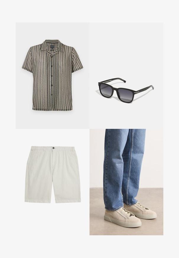 Korte mouwen button-up shirt met een gestreept patroon in zachte tonen van beige, zwart en grijs. Heeft een kampkraag en een relaxte pasvorm.; Lichtbeige shorts tot over de knie met steekzakken aan de voorkant, riemlussen, knoopsluiting en een nette, gladde stof.; BOSS GARYTENN_SDHDEL - Sneakers laag - natural ten; BOSS Zonnebril - black