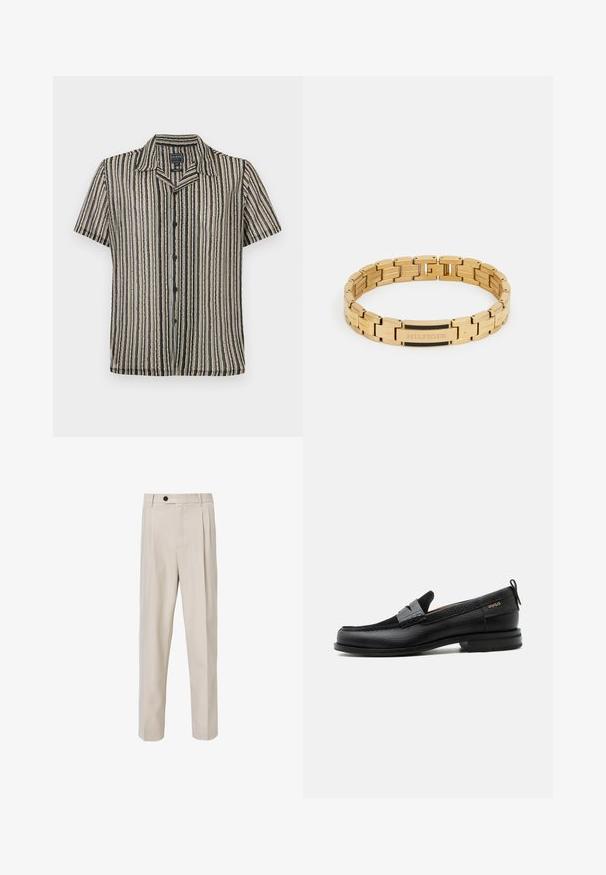 Kortærmet skjorte med knaplukning i en stribet mønster i dæmpede nuancer af beige, sort og grå. Har en camp collar og en afslappet pasform.; Beige skræddersyede bukser med lige ben-design, der har frontplisseringer, knaplukning og en glat tekstur.; Sort læderloafer med grå remdetalje, lav hæl og tekstureret sål, mærket med "HUGO" i guld på siden.; Guldmetalsarmbånd med sammenkoblet design og en rektangulær lukning med en sort accent. Indgraveret logo "HILFIGER" på låsen.