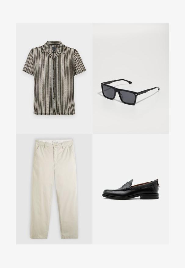 Chemise à manches courtes avec un motif rayé dans des tons atténués de beige, noir et gris. Dispose d'un col de type camp et d'une coupe décontractée.; Pantalon chino beige clair à jambes droites avec poches avant, passants pour ceinture, fermeture boutonnée et braguette zippée, présenté à plat sur fond blanc.; Mocassin homme en cuir noir avec couture moc toe, bride penny, col texturé et petit talon empilé sur fond blanc.; Lunettes de soleil carrées noires avec des verres foncés. Fabriquées en plastique, avec des côtés texturés et un design minimaliste. Détails près des charnières.