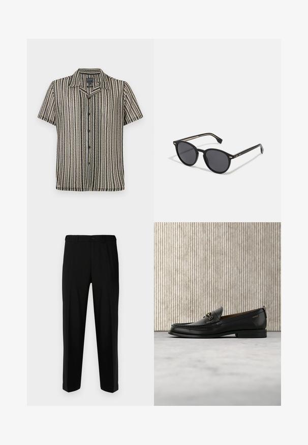 Korte mouwen button-up shirt met een gestreept patroon in zachte tonen van beige, zwart en grijs. Heeft een kampkraag en een relaxte pasvorm.; Zwarte broek van gladde stof, met een rechte snit, twee voorzakken en een ritssluiting met knoopsluiting.; Zwarte leren loafer met gouden metalen gesp en "HUGO" branding, weergegeven tegen een beige tapijt en bruin doorschijnend meubilair.; BOSS Zonnebril - black