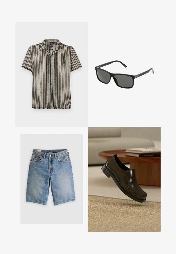 Korte mouwen button-up shirt met een gestreept patroon in zachte tonen van beige, zwart en grijs. Heeft een kampkraag en een relaxte pasvorm.; Leren denim shorts in lichtblauw met een klassieke snit. Bevat vijf zakken, oranje stikselaccenten en ruwe zoomranden.; Zwarte leren instaploafer die zweeft boven een beige geweven vloerkleed met een houten salontafel en boeken op de achtergrond.; Zwarte kunststof zonnebril met rechthoekige lenzen, gepolariseerde lenzen en metalen accenten op het frame voor verbeterde duurzaamheid.