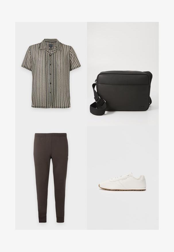 Korte mouwen button-up shirt met een gestreept patroon in zachte tonen van beige, zwart en grijs. Heeft een kampkraag en een relaxte pasvorm.; Donkerbruine joggingbroek van zachte stof. Voorzien van een elastische tailleband en taps toelopende boorden. Minimalistisch ontwerp zonder patronen.; Witte sportschoen met een glad bovenwerk van leer, beige rubberen zool, ronde neus en eenvoudig vetersysteem. Bevat subtiele logo-details.; Zwarte schoudertas gemaakt van gestructureerde stof, met een ritssluiting, verstelbare schouderriem en een reliëflogo op het voorpaneel.