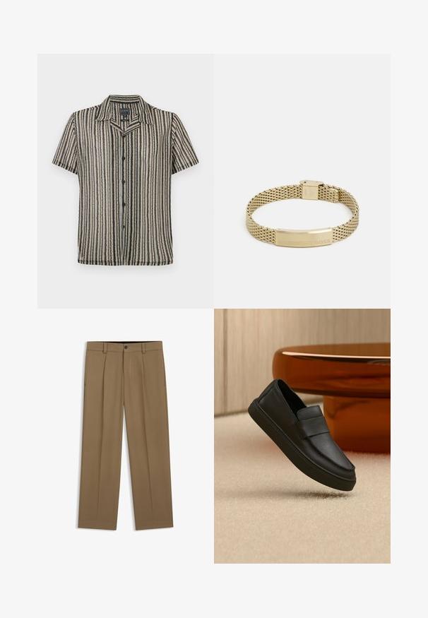 Korte mouwen button-up shirt met een gestreept patroon in zachte tonen van beige, zwart en grijs. Heeft een kampkraag en een relaxte pasvorm.; Bruine rechte broek met riemlussen, knoop aan de voorkant en ritssluiting, plat liggend op een witte achtergrond.; Zwarte leren instaploafer met een band over het bovenwerk, geplaatst op een beige tapijt en naast een bruine ronde tafel.; Gouden mesh armband met een platte, gegraveerde plaat met het woord "BOSS." Het ontwerp is slank met een metallic textuur en een veilige sluiting.