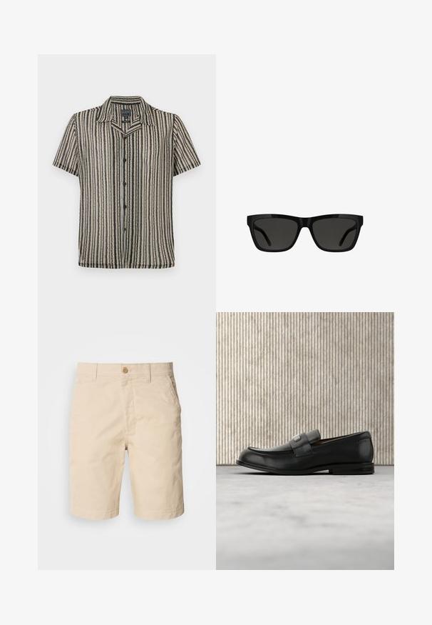 Korte mouwen button-up shirt met een gestreept patroon in zachte tonen van beige, zwart en grijs. Heeft een kampkraag en een relaxte pasvorm.; Beige katoenen shorts met een sluiting aan de voorkant, zijzakken en een rechte snit. Gladde textuur met schone stikdetails.; Zwarte leren loafer met een metalen merktekenplaatje, rustend bij een bruine ronde tafel op een beige tapijtvloer.; Zwarte zonnebril met rechthoekige vorm, glanzend kunststof montuur, donkere glazen en een slank ontwerp van de pootjes, geschikt voor verschillende gezichtsvormen.