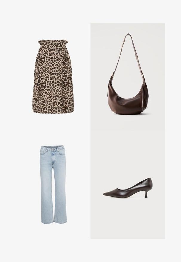 Top sans manches imprimé léopard avec un col arrondi et une coupe ample, fabriqué en tissu léger au toucher doux.; Jean en denim bleu clair taille haute avec jambes larges, fermeture à bouton et zip sur le devant, et cinq poches.; Escarpin en cuir marron foncé à bout pointu avec petit talon incurvé sur fond blanc.; Sac à bandoulière en cuir marron avec des clous dorés sur la sangle et un gland en cuir sur la fermeture éclair, présenté sur un fond uni.
