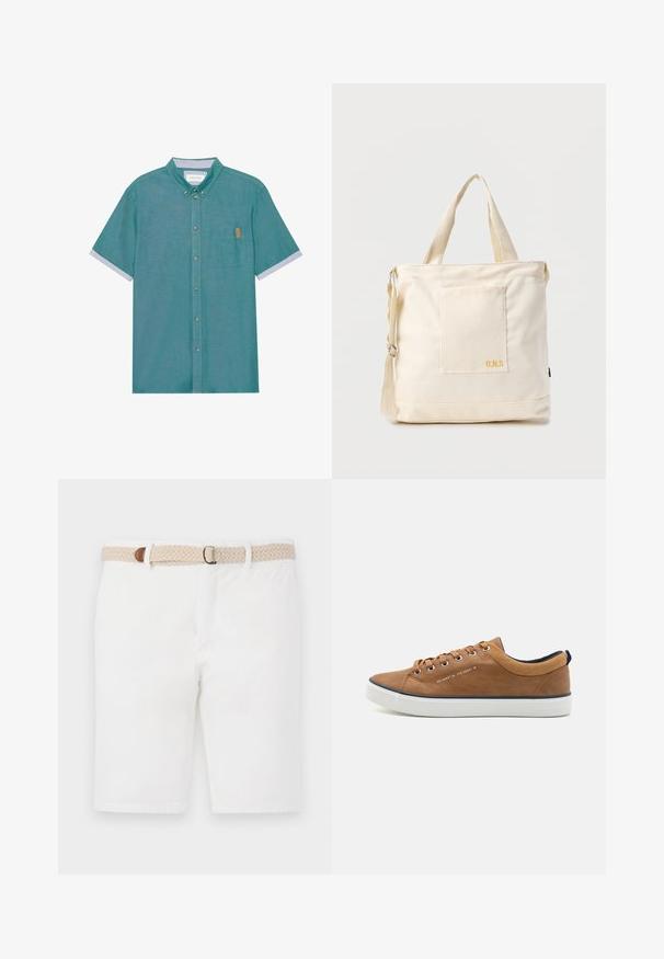 Short-sleeve, button-up shirt in teal fabric with a chest pocket and contrasting light gray cuffs, featuring a subtle texture and brown label.; White cotton shorts featuring a woven beige belt with a brown accent. The shorts have a clean design and a smooth texture.; Brown leather sneakers with a round toe, white sole, and navy accents. Features metal eyelets and a textured collar.; Cream canvas tote bag with front pocket, two handles, adjustable shoulder strap, and small yellow "O.N.S" text on pocket bottom right.