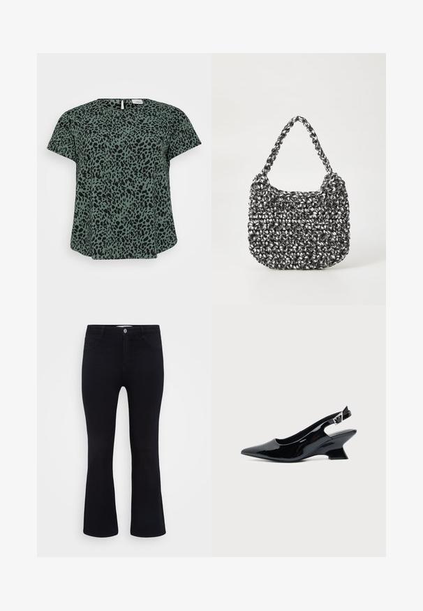 Kortærmet top i mørkegrøn stof med et sort dyreprintmønster; har rund halsudskæring og en nøglehulslukning på ryggen.; ONLY Carmakoma Flared fit CARTHUNDER Mid waist - Flared jeans - black denim; Sort laklæder slingback sko med spids tå og lav vinklet blokhæl på ensartet lys baggrund.; Vævet håndtaske i sort og hvid med en rund form, tekstureret overflade og et fletet håndtag. Velegnet til afslappet brug.