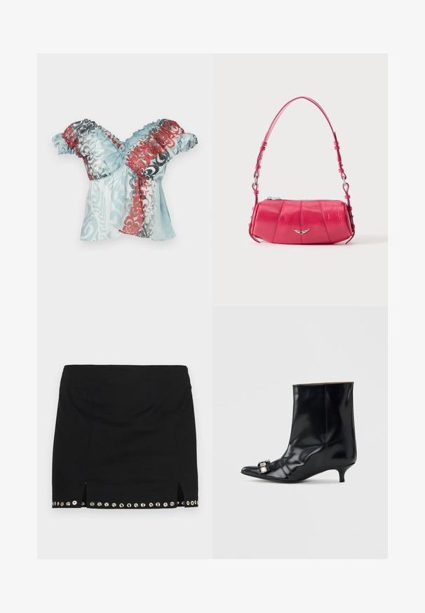 Paolina Russo BABBY DOLL - Top - blue crush; Ludovic de Saint Sernin LISETTE - Mini suknja - black; Crna kožna gležnjača s špicastim vrhom, niskom potpeticom i ukrasnom srebrnom kopčom sa strane blizu prsta.; Mala sjajna ružičasta kožna torba za rame sa srebrnim simbolom krila i podesivim remenom, zatvarač na vrhu, prikazana na bijeloj pozadini.