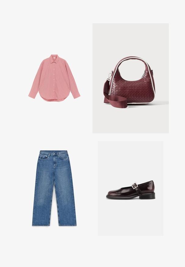 Chemise rose à manches longues avec boutons, rayures verticales blanches et roses foncées, col classique et ourlet arrondi.; Jean en denim bleu clair, coupe large avec taille haute, design à cinq poches et surpiqûres contrastées. Doté d'une fermeture par bouton et de passants de ceinture.; Chaussure Mary Jane unique brillante couleur bordeaux foncé avec une large bride et une boucle argentée, talon bloc bas et bout arrondi sur fond blanc.; Sac à main en cuir tressé marron foncé avec poignée courbée, garniture blanche, fermeture éclair argentée et bandoulière large en tissu amovible sur fond uni.