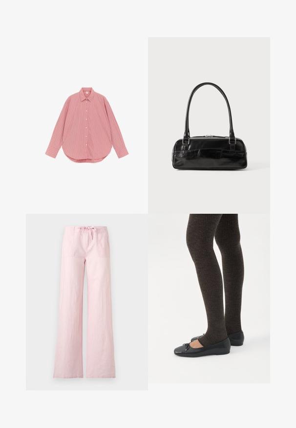 Chemise rose à manches longues avec boutons, rayures verticales blanches et roses foncées, col classique et ourlet arrondi.; Pantalon large rose clair avec poches plaquées devant, fermeture par boutons et cordon à la taille, présenté sur fond blanc.; Jambes portant des leggings côtelés foncés associés à des ballerines noires avec de petits détails en nœud sur fond blanc.; Sac à main en cuir noir de forme rectangulaire, doté d'une seule ansse structurée, de quincaillerie argentée et d'une fermeture éclair. Texture lisse.