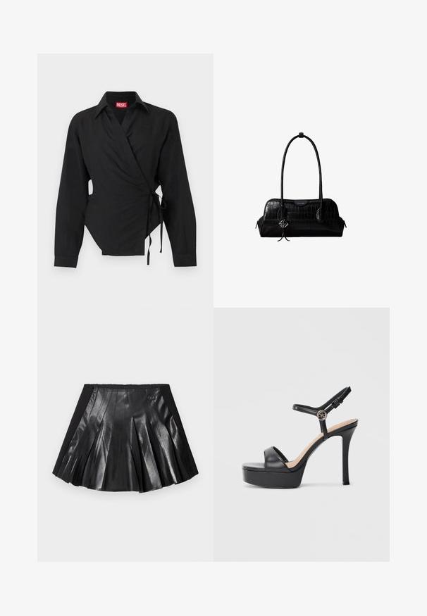 Chemise noire à manches longues de style portefeuille avec col et liens latéraux, présentant un petit logo brodé près de la poitrine et une étiquette de marque rouge à l'intérieur du col.; Jupe plissée noire avec un devant en cuir brillant et une ceinture noire unie ornée d'un petit détail métallique. Des panneaux en cuir texturé rehaussent le design.; Sandales à plateforme noires avec un talon haut stilettos, dotées d'une tige en cuir lisse, d'un bout ouvert et d'une bride de cheville ajustable avec ferrures.; Sac à épaule en cuir noir à texture crocodile, avec de longues sangles et un petit charm logo argenté sur une sangle.