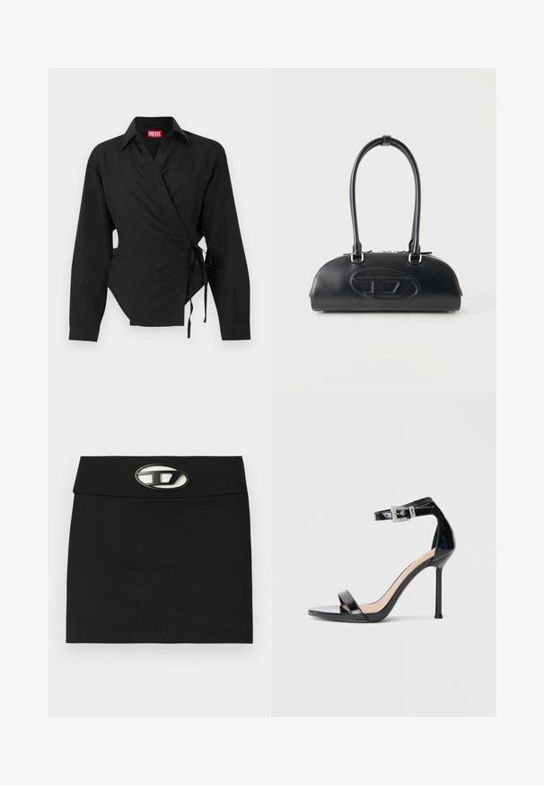 Chemise noire à manches longues de style portefeuille avec col et liens latéraux, présentant un petit logo brodé près de la poitrine et une étiquette de marque rouge à l'intérieur du col.; Mini-jupe noire avec une taille plate. Dotée d'une boucle logo métallique proéminente à l'avant. Fabriquée en tissu lisse sans motifs visibles.; Sandale à talon haut en cuir verni noir avec bride à la cheville. Présente un design minimaliste, un bout ouvert et une boucle ornée de strass.; Sac à main en cuir noir avec longues poignées doubles et logo ovale embossé sur le devant, présenté sur un fond clair uni.