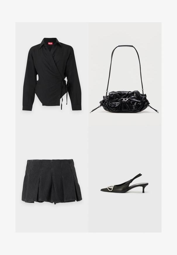 Chemise noire à manches longues de style portefeuille avec col et liens latéraux, présentant un petit logo brodé près de la poitrine et une étiquette de marque rouge à l'intérieur du col.; Mini-jupe plissée noire avec détails de coutures visibles, en tissu denim, présentée sur un fond clair uni.; Escarpin noir en cuir avec un bout pointu, arborant un accent logo argenté et un petit talon. Texture lisse et design minimaliste.; Sac à main en cuir noir avec un design froncé et un détail en forme de nœud sur le devant. Dispose d'une poignée courte et d'accents de quincaillerie argentée.