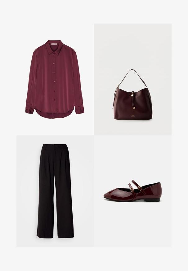 Blouse bourgogne à manches longues en satin lisse, avec un col, une fermeture par boutons et un ourlet arrondi. Les boutons sont de la même couleur que le tissu.; Pantalon large noir en tissu lisse, avec des plis à l'avant, une taille ajustée, et sans motifs ni accents visibles.; Anna Field by Zalando Babies - dark red; Sac à épaule en cuir marron foncé avec un pompon tressé, des accents dorés et le logo Anna Field à l'avant, sur un fond clair uni.