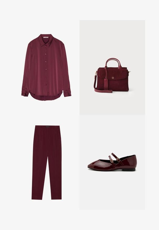 Blouse bourgogne à manches longues en satin lisse, avec un col, une fermeture par boutons et un ourlet arrondi. Les boutons sont de la même couleur que le tissu.; Pantalons bordeaux en tissu léger. Dotés d'une coupe ajustée, de plis à l'avant et de poches latérales. Texture lisse avec un design épuré.; Anna Field Babies - dark red; Sac à main en daim bordeaux avec un design structuré, des poignées supérieures, une bandoulière amovible et une fermeture avant à rabat ornée d'un accent doré.
