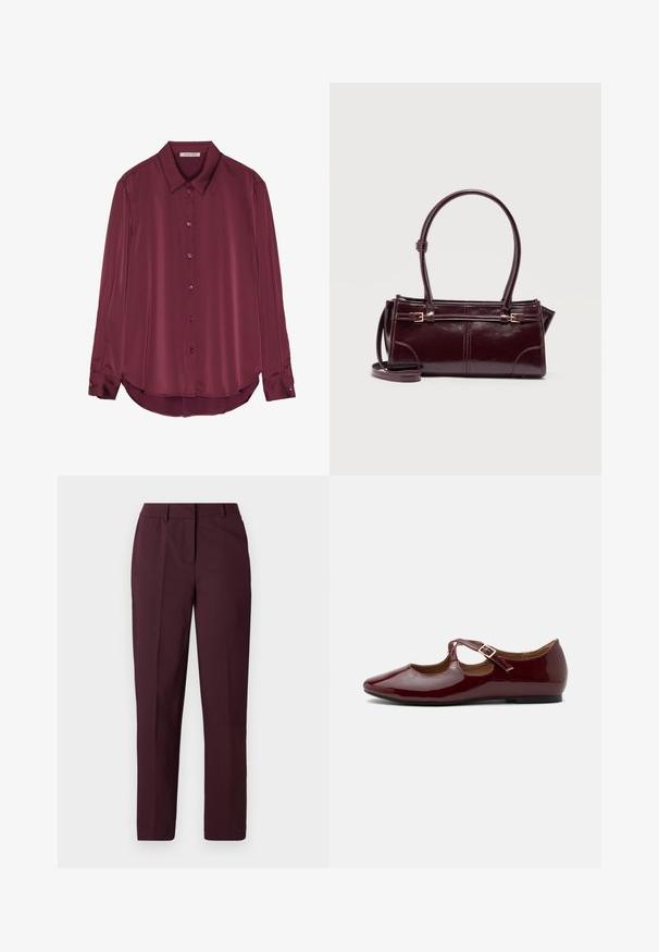 Blouse bourgogne à manches longues en satin lisse, avec un col, une fermeture par boutons et un ourlet arrondi. Les boutons sont de la même couleur que le tissu.; Pantalon droit bordeaux avec une texture lisse, présentant un devant plat et sans poches visibles. Coupe ajustée avec une coupe classique.; Chaussure plate Mary Jane bordeaux brillante avec bride en T et boucle dorée sur un fond clair uni.; Sac à main rectangulaire en cuir bordeaux foncé avec double poignée, boucles latérales réglables et une fine bandoulière détachable sur fond blanc.