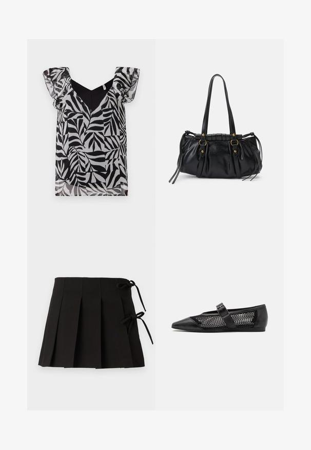 Blouse à motif de feuilles noir et blanc avec des manches volantées transparentes et un décolleté en V. Fabriquée en tissu léger avec une texture lisse.; Jupe plissée noire avec des liens sur les côtés, fabriquée dans un tissu à la texture lisse ; elle présente un design structuré et des lignes épurées.; Chaussure plate noire avec un bout pointu, panneaux latéraux en maille et une sangle avec une boucle décorative. Fini lisse sur les sections du bout et du talon.; Sac à main en cuir noir avec une forme arrondie, deux poignées, des accents en matériel décoratif et des détails de liens sur les côtés. Texture lisse et brillante.