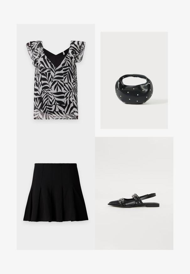 Zwart-wit blouse met bladenpatroon, voorzien van doorschijnende rucheslokken en een V-hals. Gemaakt van lichtgewicht stof met een zachte textuur.; Zwarte korte geplooide rok gemaakt van een gladde stof. Heeft een elastische tailleband en een uitlopende silhouette die tot halverwege de dij komt.; Even&Odd by Zalando Slingback ballerina´s - black; Zwarte leren handtas met een afgeronde vorm, versierd met zilveren studs, en een korte handgreep. Gladde textuur en ritsluiting.