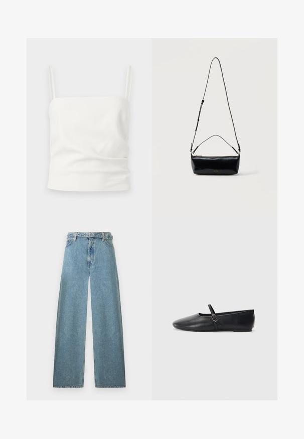 Haut court blanc sans manches avec fines bretelles, encolure carrée et détails subtils de tissu froncé.; Jean en denim bleu clair à jambes larges avec une taille haute, passants pour ceinture, fermeture avant par bouton et zip sur fond blanc.; Ballerines noires en cuir avec un bout pointu, une semelle plate et une petite sangle avec un détail de boucle en argent.; Sac bandoulière rectangulaire en cuir noir avec bandoulière ajustable, fermeture éclair sur le dessus et petit logo Calvin Klein doré sur le devant.