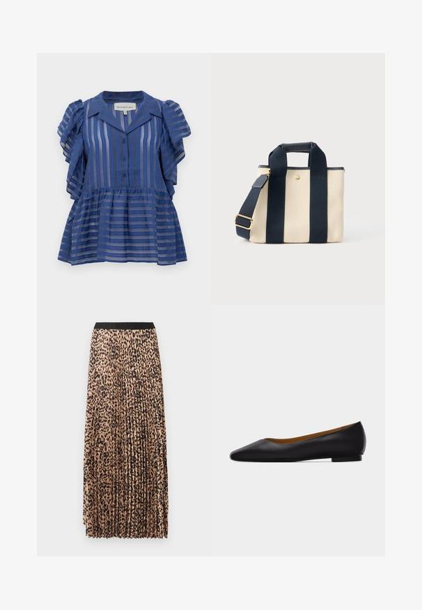 Blå kortermet bluse med vertikale og horisontale striper, knapp foran, volanger på ermene og peplum-kant.; Plissé maxi-skjørt i beige med svart leopardmønster. Har svart midjebånd, myk tekstur og flytende design.; Svart skinnsko med spiss tå, flat såle og lav hæl, med glatt finish, vist fra siden på en lys grå bakgrunn.; Liten beige lerretstote med to brede svarte vertikale stropper, kort håndtak og justerbar skulderrem med gullspenne.