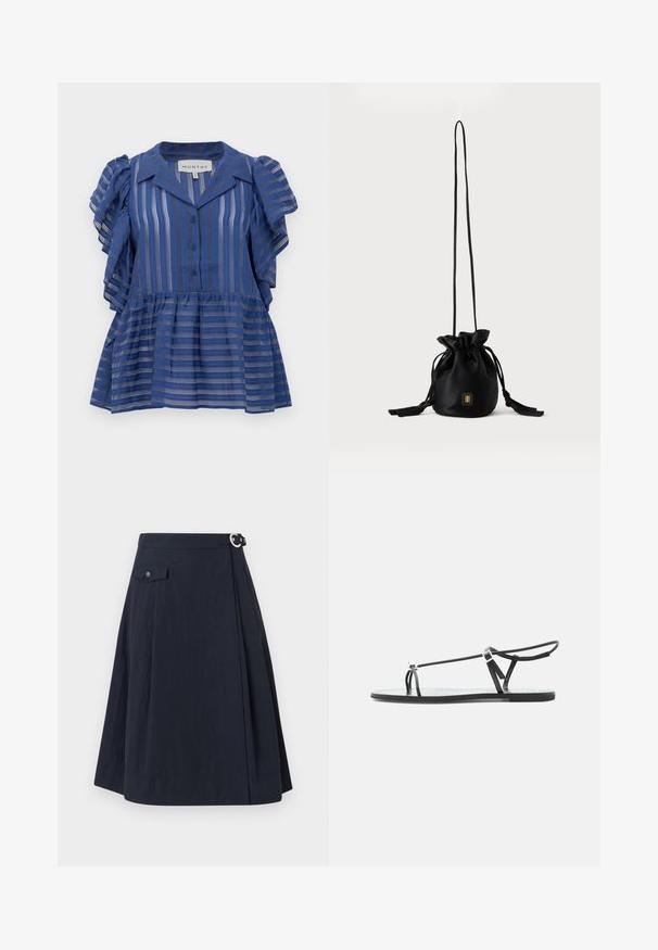 Blouse bleue à manches courtes avec des rayures verticales et horizontales, devant boutonné, manches volantées et ourlet peplum.; Jupe évasée bleu marine avec fermeture à boutons sur le côté, dotée d'une poche avant et d'un tissu lisse et léger avec un léger éclat.; Sandale plate noire avec fines lanières, une boucle pour les orteils et une boucle de cheville ajustable sur un fond gris clair.; Sac seau noir à cordon avec une longue sangle fine et un petit logo carré doré sur le devant, présenté sur un fond uni.