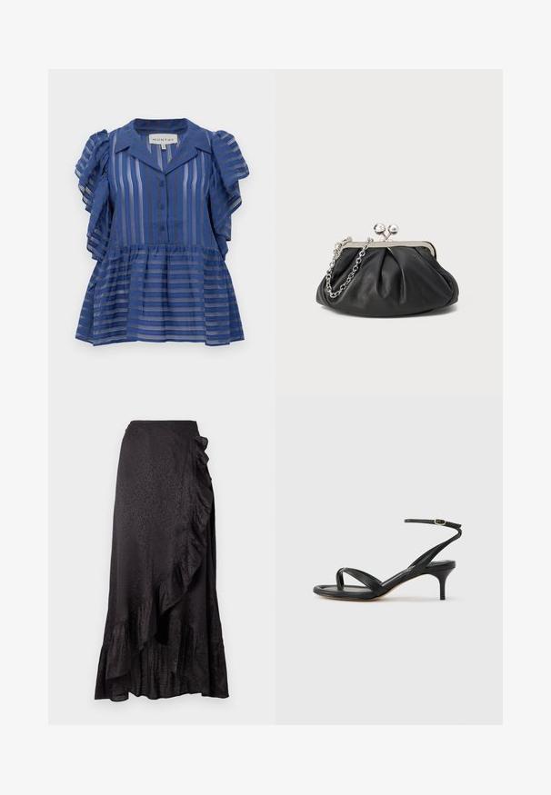 Blouse bleue à manches courtes avec des rayures verticales et horizontales, devant boutonné, manches volantées et ourlet peplum.; Jupe en satin noir avec un ourlet froncé et des détails sur le côté. Le motif léopard texturé ajoute un intérêt visuel. Silhouette longue et fluide.; Sandale pour femme en cuir noir avec fines lanières, une boucle d'orteil, une boucle à la cheville et un talon aiguille de hauteur moyenne sur un fond neutre.; Porte-monnaie en cuir noir avec texture froncée, cadre en métal argenté, fermeture à verrouillage kiss-lock et bandoulière en chaîne. Surface lisse et douce.