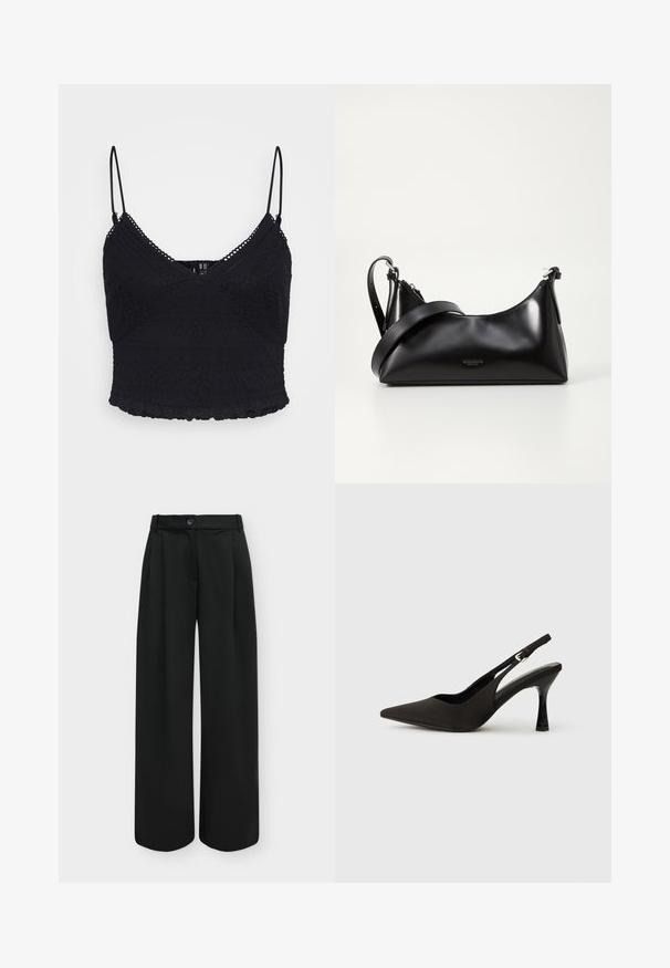 Haut noir court en style caraco avec bretelles spaghetti ajustables, orné de détails en dentelle texturée et d'un ourlet festonné.; Pantalon noir taille haute à jambes larges avec un bouton sur le devant et une fermeture éclair dissimulée sur un fond clair uni.; Chaussures à talons noires avec une bride, à bout pointu, finition mate lisse et talon fin brillant. Sangle ajustable avec petit détail de boucle.; Sac à main en cuir noir avec une texture lisse. Dispose d'une bandoulière adjustable et d'un design élégant et minimaliste avec une fermeture éclair.