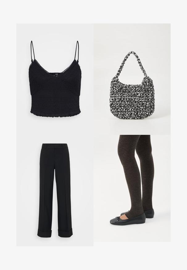 Sort crop-top med justerbare spaghetti-stropper, med tekstureret blonder og en bølget kant.; Sorte viddebukser med en glat tekstur, der har et skræddersyet design, en manchetbund og en traditionel talje. ; Ben iført mørke ribbede leggings kombineret med sorte balletsko med små sløjfedetaljer på hvid baggrund.; Vævet håndtaske i sort og hvid med en rund form, tekstureret overflade og et fletet håndtag. Velegnet til afslappet brug.