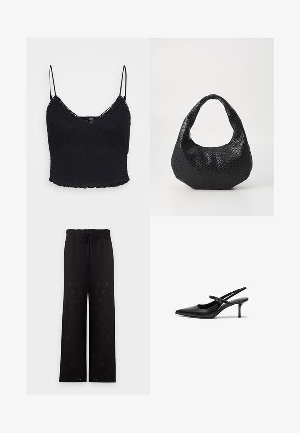 Sort crop-top med justerbare spaghetti-stropper, med tekstureret blonder og en bølget kant.; Sorte bukser med vide ben, elastisk talje og snøre, med et diskret hulmønster med blomster over det hele.; Sorte læder slingback hæle med spids tå, slank justerbar rem og en stiletto hæl på cirka 5 cm, glat tekstur.; Sort flettet håndtaske med et buet håndtag, der har en struktureret overflade og en afslappet form. Glat finish med en organisk silhuet.