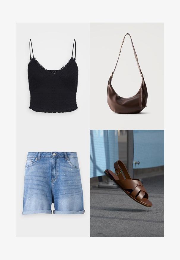 Sort crop-top med justerbare spaghetti-stropper, med tekstureret blonder og en bølget kant.; Lyseblå denimshorts med opsmøgede kanter og små sølvsøm spredt på forlommerne og øvre lår.; Brun lædersandal med flettede remme og ankelspænde, svævende midt i luften over belagt jord nær en blå barriere.; Brun skuldertaske i læder med guldnitter på stroppen og læderrispynte lynlås, vist mod en ensfarvet baggrund.