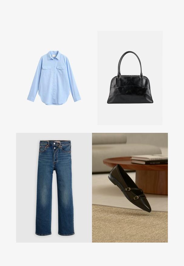 Chemise bleu clair à manches longues boutonnée, avec deux poches poitrine avant et un col, présentée sur un fond blanc.; Jean en denim bleu foncé avec une coupe décontractée. Comprend un style à cinq poches, une fermeture à boutons et un léger délavage sur les cuisses.; Chaussure plate noire à bout pointu avec deux fines brides à boucle flottant au-dessus d'un tapis beige, avec une table basse en bois et des livres en arrière-plan.; Sac à main en cuir noir avec deux poignées supérieures arrondies et une poche avant légèrement incurvée, présenté sur un fond clair uni.