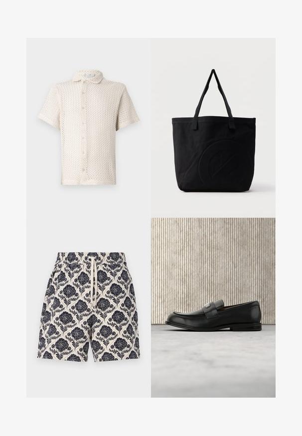 Kortærmet, lysebeige skjorte med knapper lavet af tekstureret, åbent strikket stof med krave og fem knapper nedad. ; Printede shorts i creme med et marineblåt blomstermønster, der har en elastisk talje og snøre, lavet af letvægtsstof.; Sort læderloafer med metalbrandskilt hvilende nær et brunt rundt bord på beige tæppe.; Sort canvas-tote-taske med to skulderstropper og et diskret præget cirkeldesign på fronten.