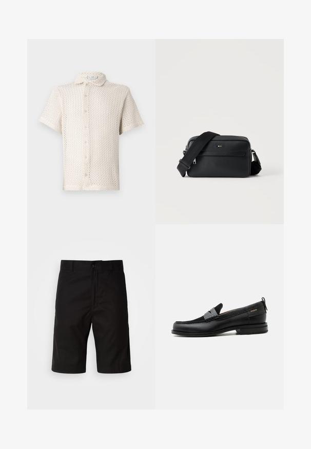 Kortærmet, lysebeige skjorte med knapper lavet af tekstureret, åbent strikket stof med krave og fem knapper nedad. ; Sorte shorts lavet af ensartet stof, med lige snit, knaplukning og en glat tekstur uden synlige mønstre.; Sort læderloafer med grå remdetalje, lav hæl og tekstureret sål, mærket med "HUGO" i guld på siden.; Sort tekstureret læder crossbody taske med front lynlåslomme og justerbar bred stofskulderrem på hvid baggrund.