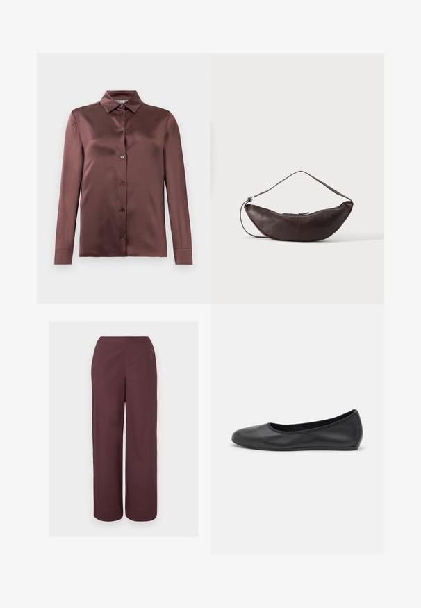 Chemise en satin à manches longues de couleur mauve profond, avec col pointu et boutons sur le devant, posée à plat sur un fond blanc.; Pantalon marron taille haute à jambes larges avec un devant lisse et des poches latérales, présenté sur un fond clair uni.; Ballerines en cuir noir avec un bout rond, texture lisse, détails de couture minimalistes et design de semelle flexible.; Sac d'épaule en cuir marron foncé en forme de croissant avec une lanière courbée et des coutures visibles sur fond uni.