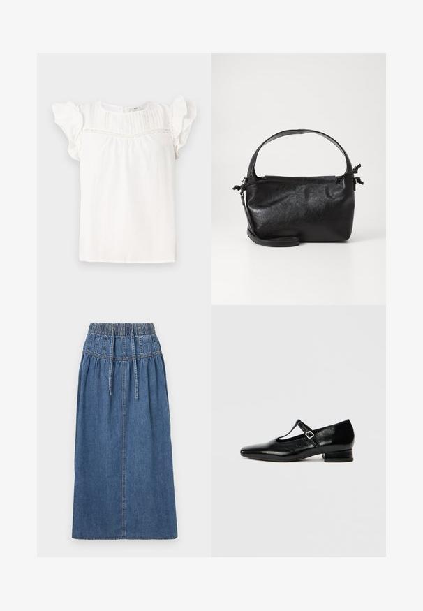 Blouse blanche à manches courtes en volants, avec des plis verticaux et des détails en dentelle le long du cou. Tissu doux et coupe décontractée.; Jupe midi en denim avec une taille élastiquée, une fermeture à cordon de serrage, et une silhouette droite. Couleur bleue avec une texture subtile et des détails de couture.; Chaussures Mary Jane en cuir noir avec bout pointu, petit talon carré et bride ajustable avec une boucle argentée. Texture lisse et brillante.; Sac à main en cuir noir au design structuré, avec une poignée arrondie et une bandoulière amovible. Présente une texture lisse et un éclat subtil.