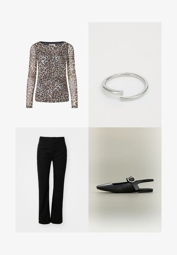 Haut à manches longues en imprimé léopard, en tissu léger et transparent. Présente un col rond et des détails froncés, avec des nuances de beige, noir et marron.; Pantalons en coton noirs avec une coupe droite, dotés d'une fermeture à bouton à l'avant, de passants de ceinture et de deux poches latérales. Texture lisse.; Chaussure plate slingback noire à bout pointu, boucle argentée et petit talon sur fond neutre.; Calvin Klein SPIRAL - Bracelet - silver-coloured